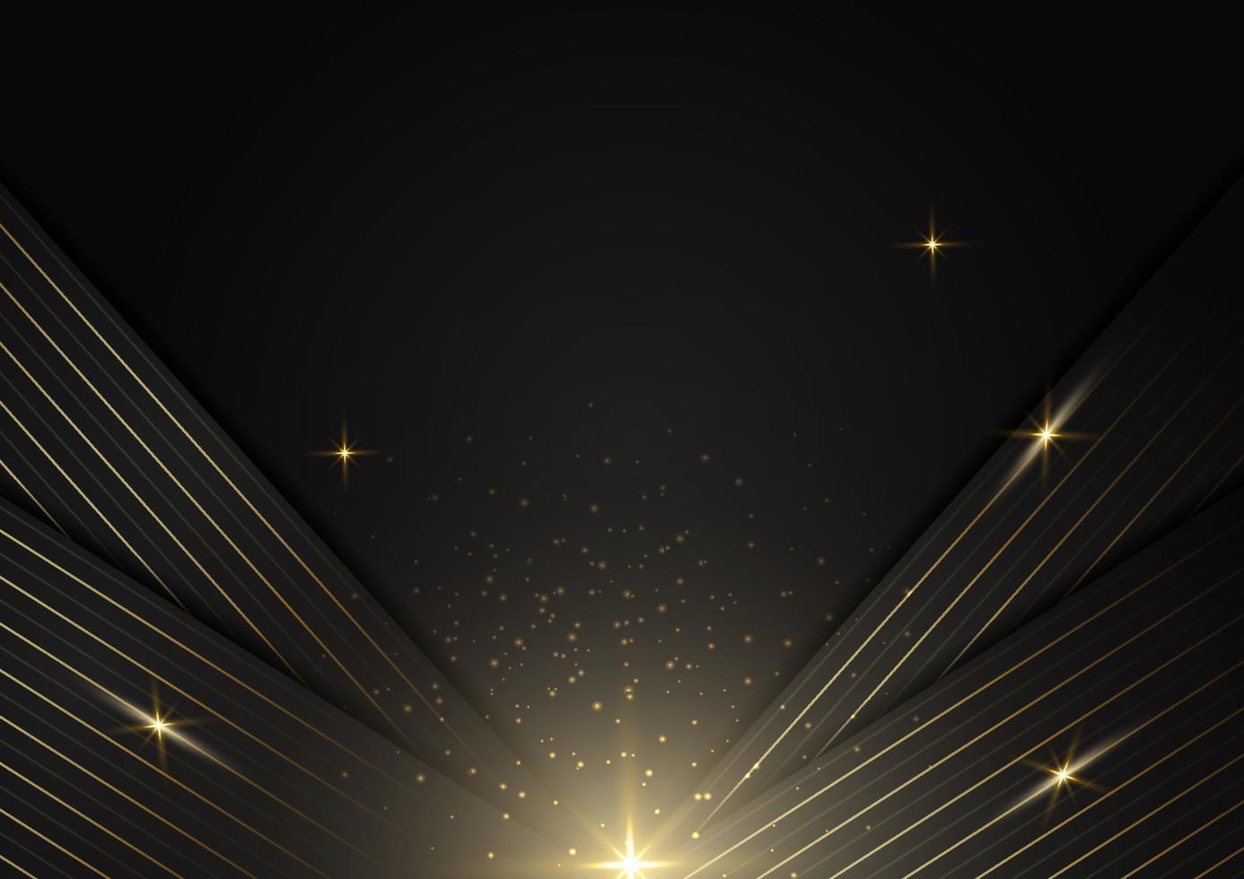 Abstract stripes golden lines diagonal overlap with light effect on black background. Luxury style. vector