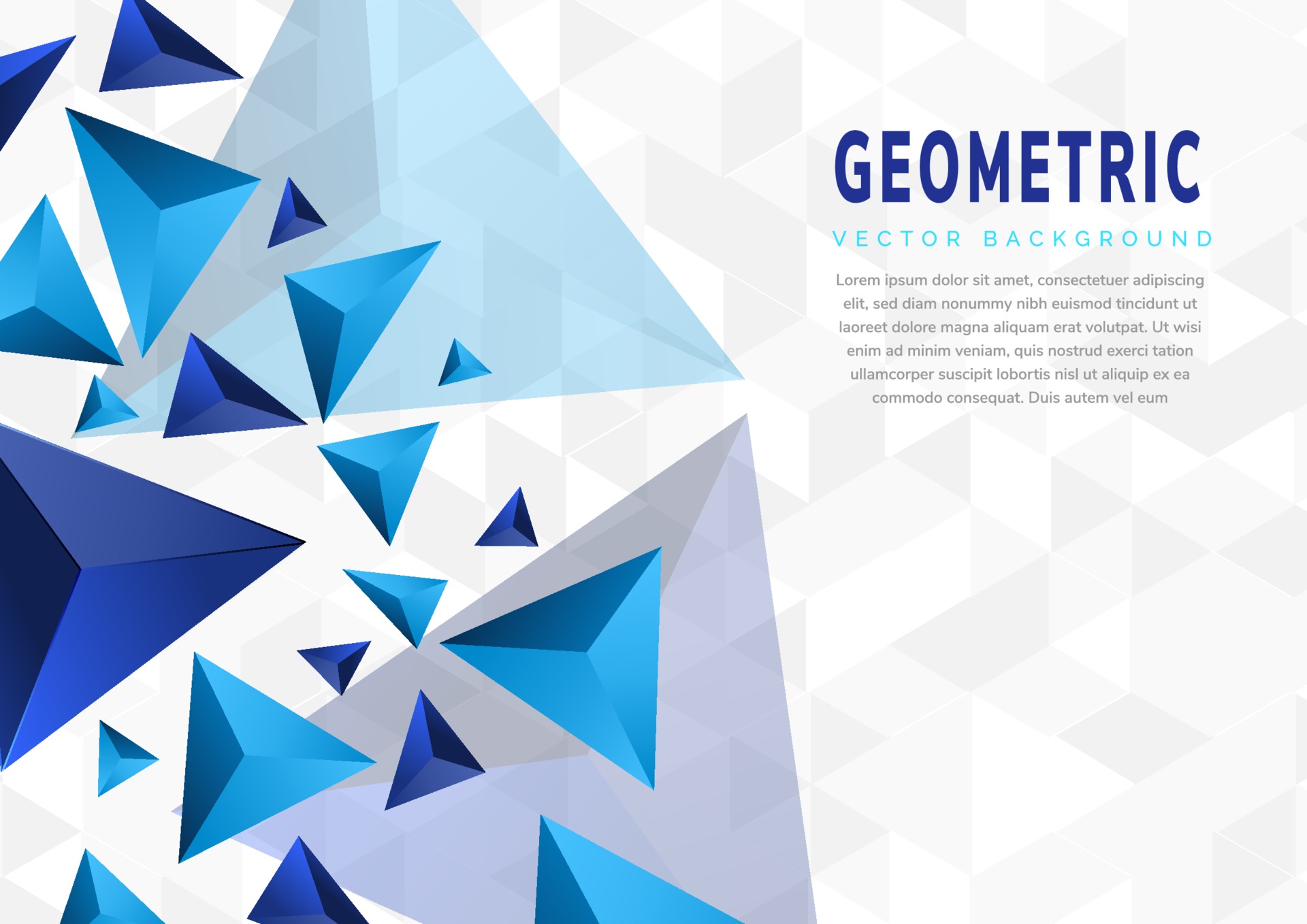 Abstract blue triangles geometric shape on white grey background with