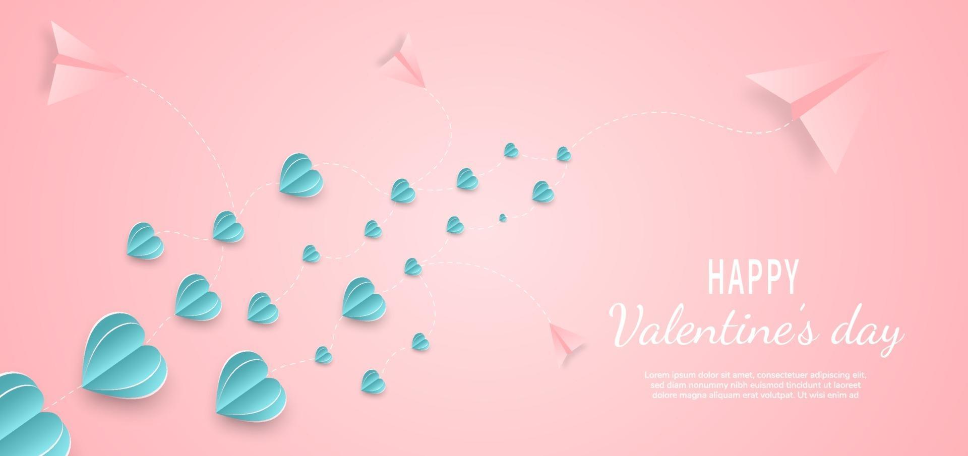 Valentine's day background. Hearts pink and blue paper cut card on blue background. Decor plane with space for text. vector