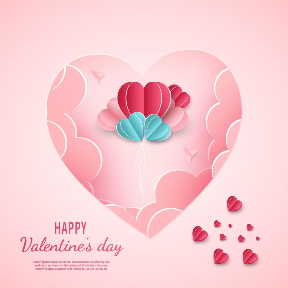 Valentine's day background. Hearts pink and blue paper cut card on blue background. Decor plane with space for text. vector