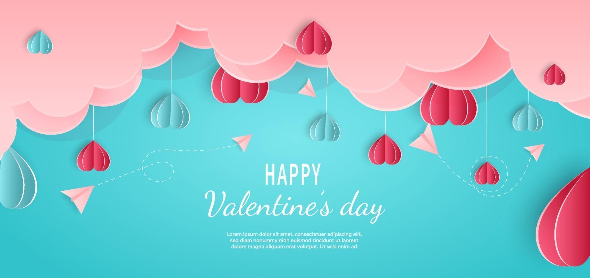 Valentine's day background. Hearts pink and blue paper cut card on blue background. Decor clouds and plane with space for text. vector