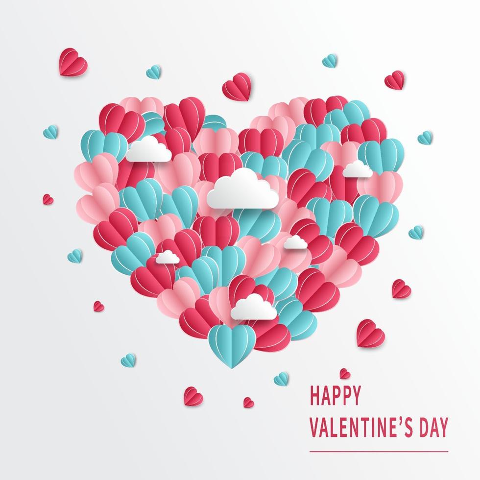 Valentine's day background. Hearts pink and blue paper cut card on white background. Decor clouds space for text. vector