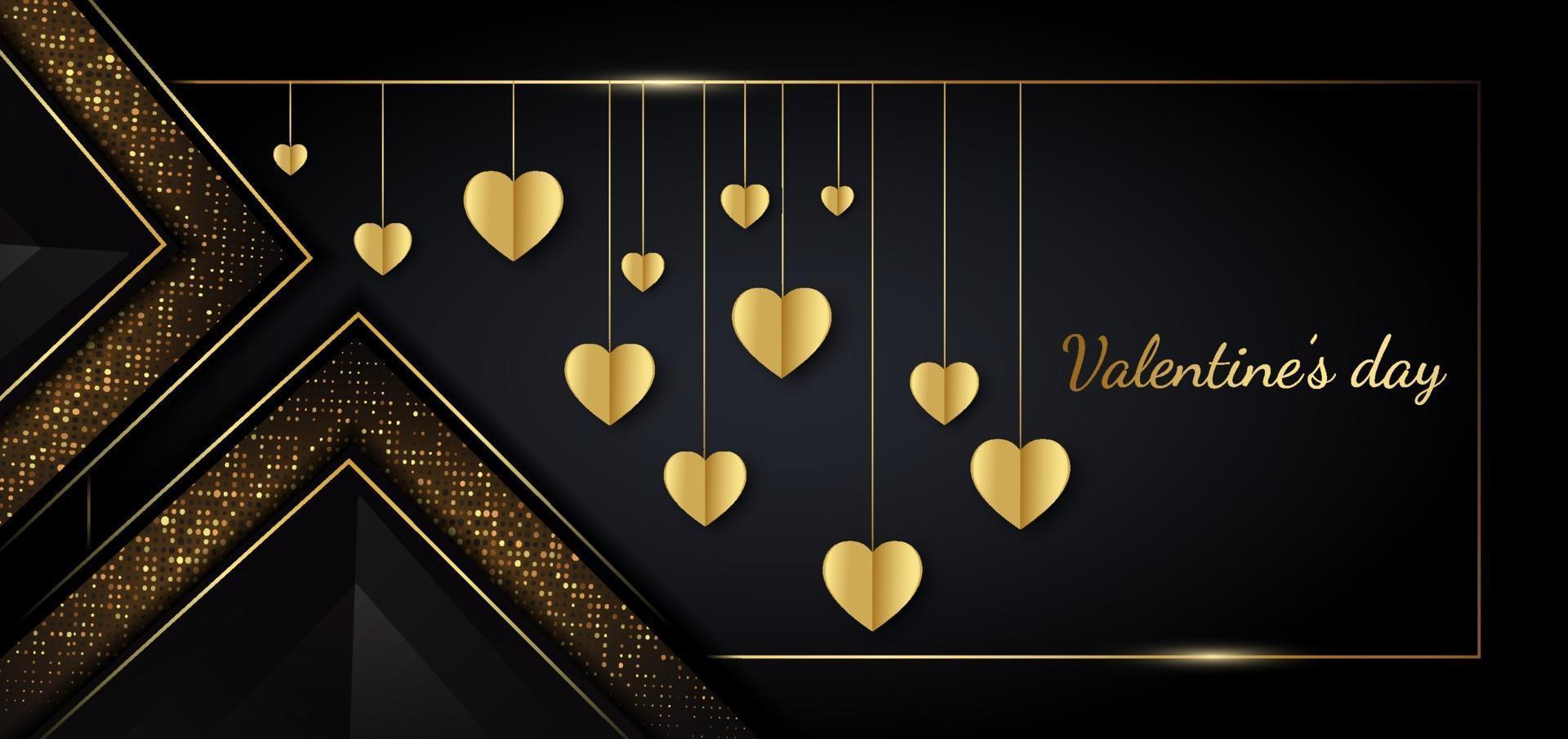 Valentine's day background. Heart golden  in frame on black background. Luxury style. vector