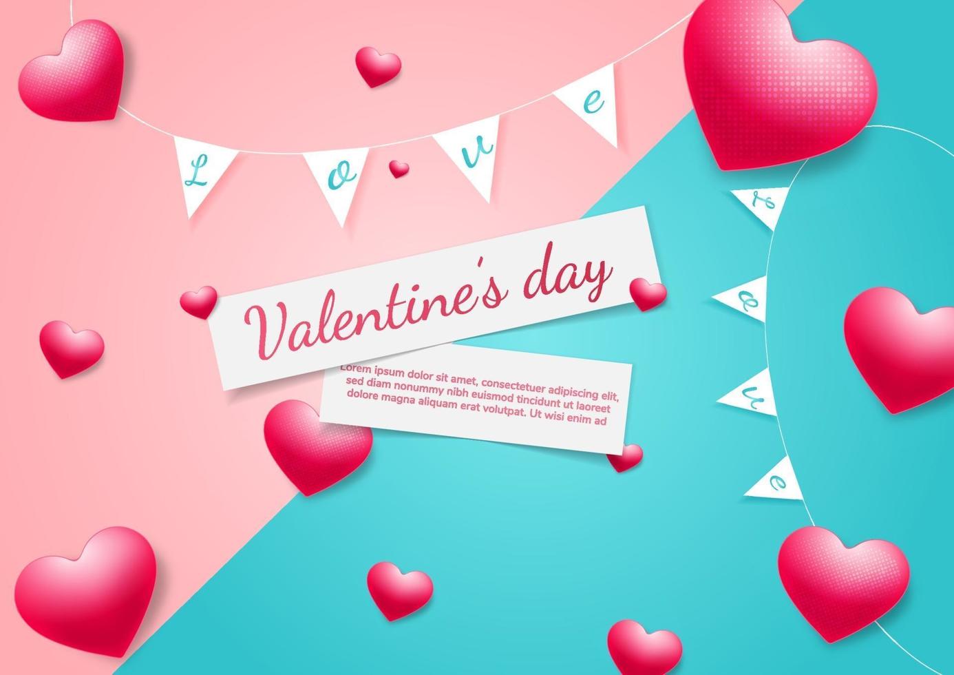 fondo del día de san valentín. Corazones tarjeta roja sobre fondo rosa y azul con espacio para texto. vector