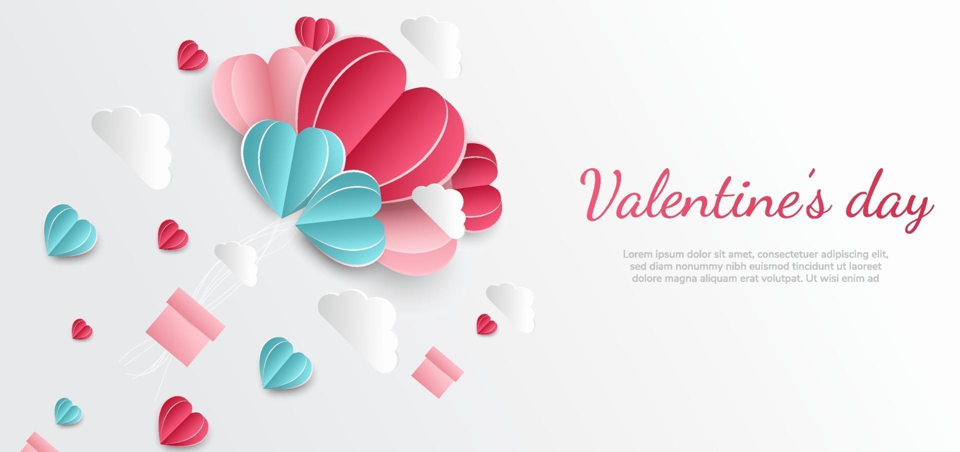 Valentine's day background. Hearts pink and blue paper cut card on white background. Decor clouds space for text. vector