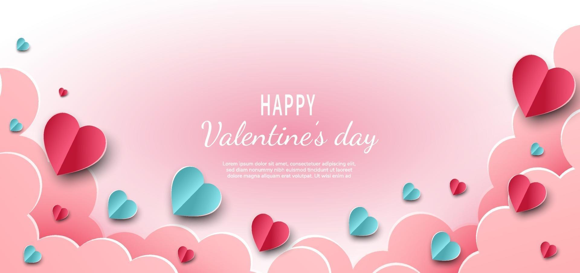 Valentine's day background. Hearts pink and blue paper cut card on light pink background. Decor clouds space for text. vector