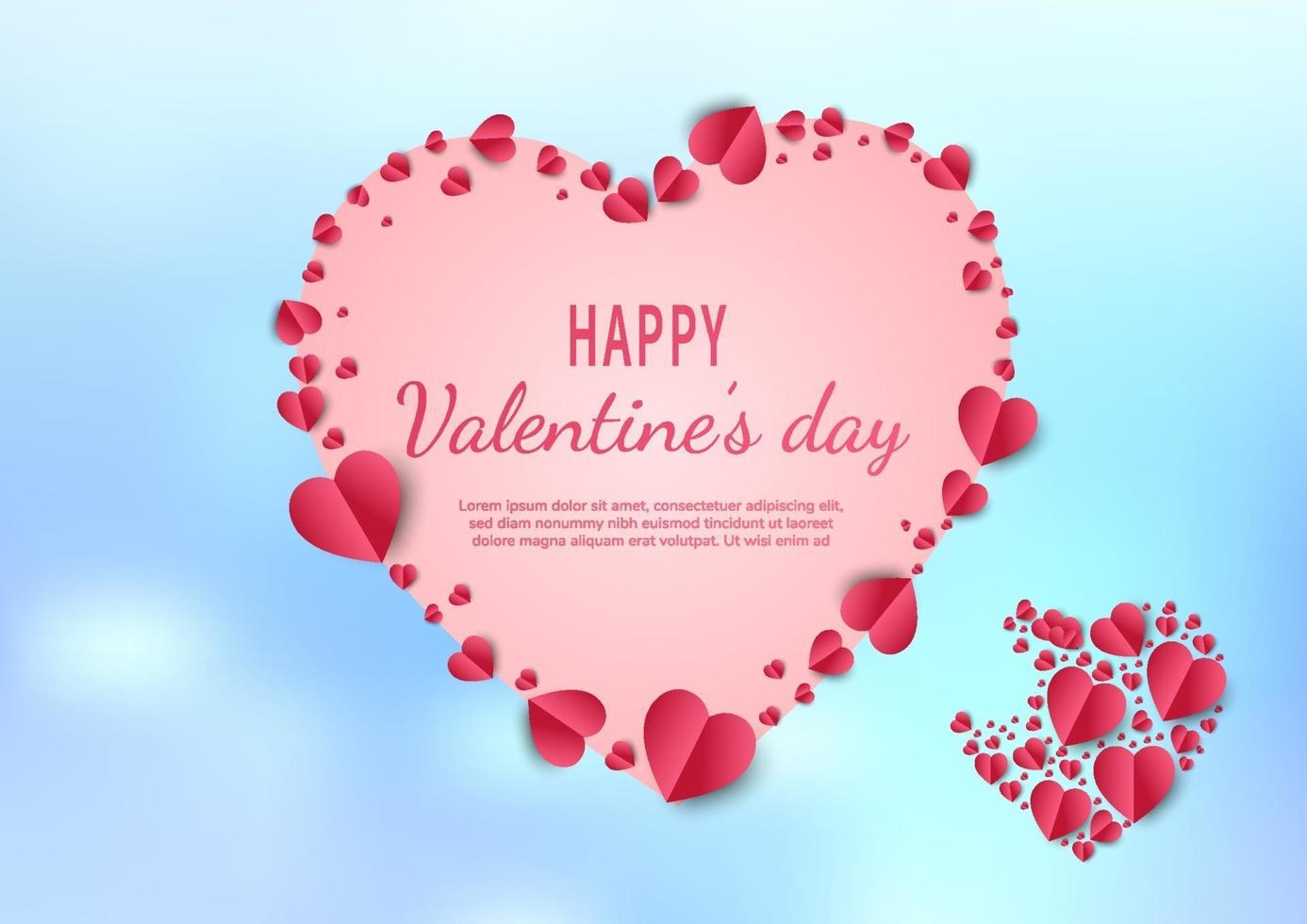 Valentine's day background. Hearts red paper cut card on light blue background. vector