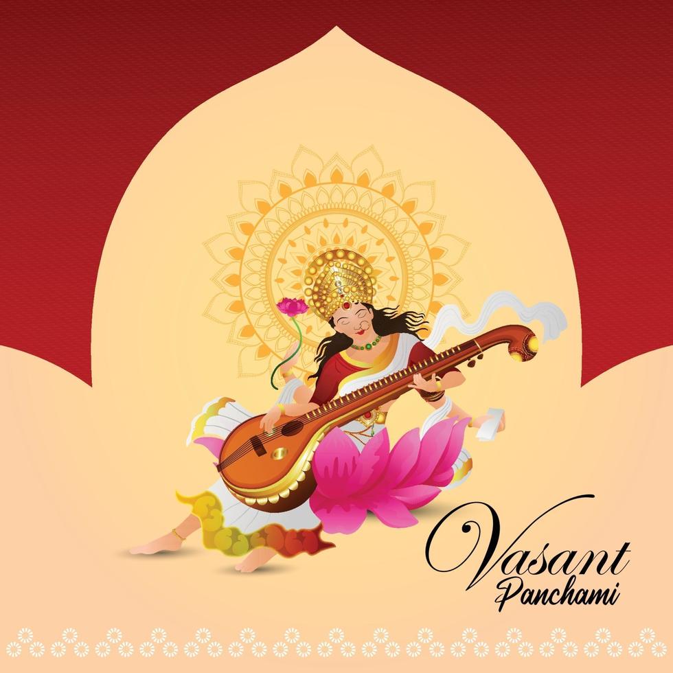 Happy vasant panchami greeting card design with creative illustration of goddess saraswati vector