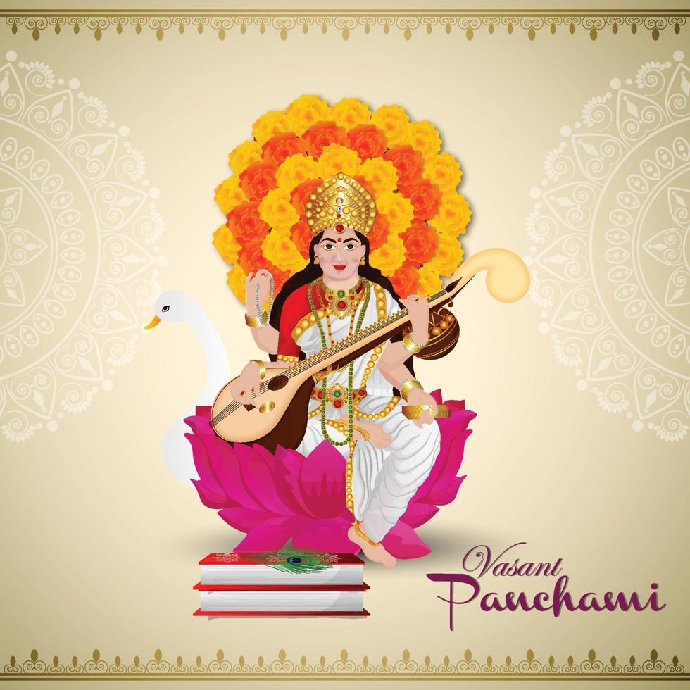 Happy vasant panchami greeting card design with creative illustration of goddess saraswati vector
