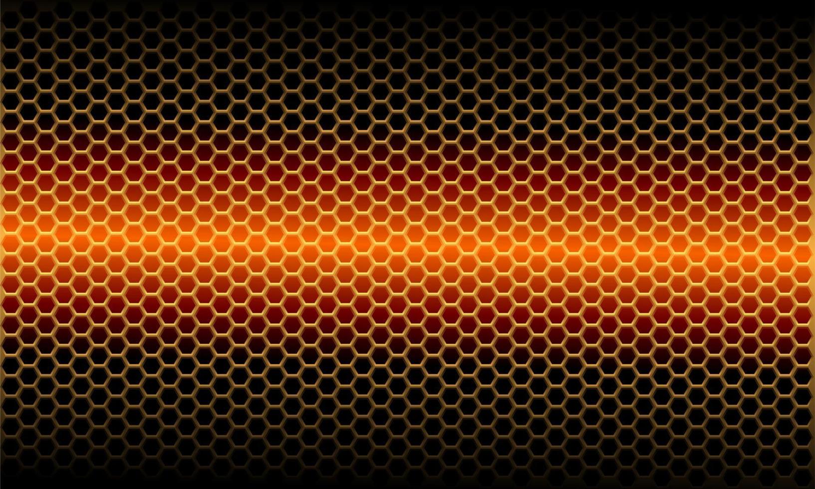 Patrón de malla hexagonal metálica ligera naranja abstracta en diseño negro moderno fondo futurista ilustración vectorial. vector