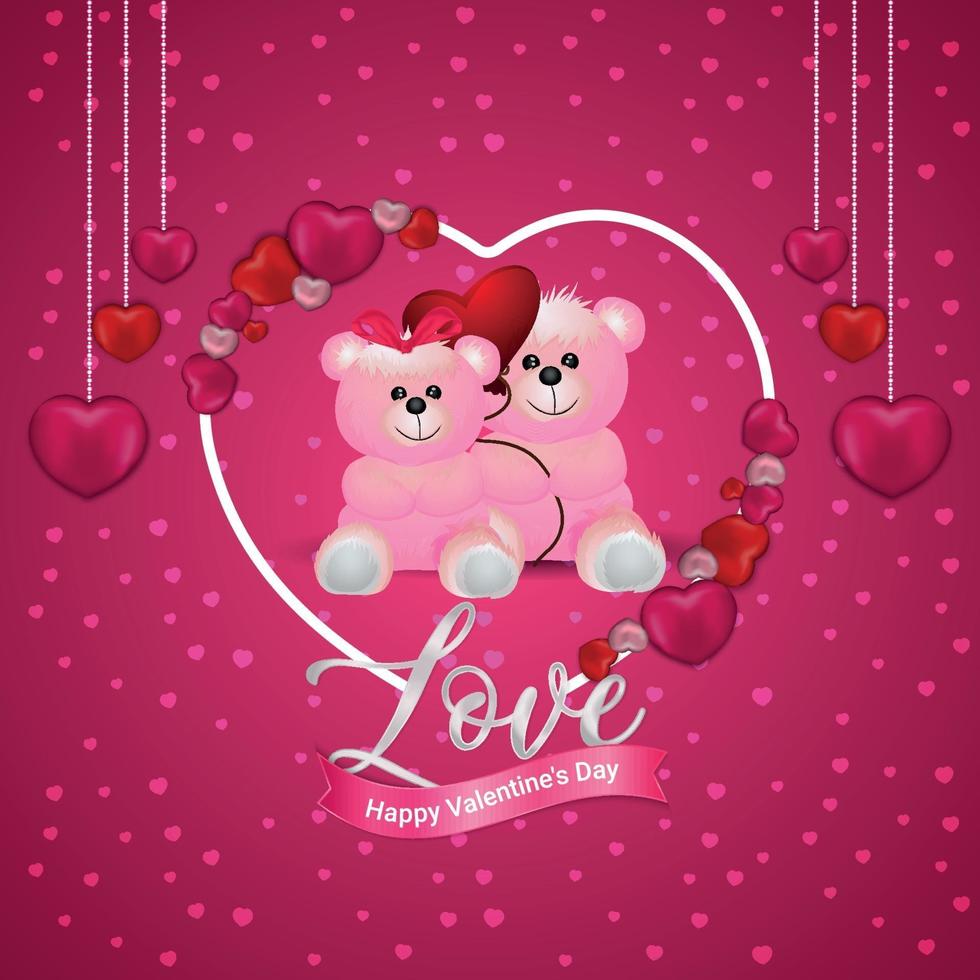 Happy Valentine's Day concept on red heart with teddy background vector