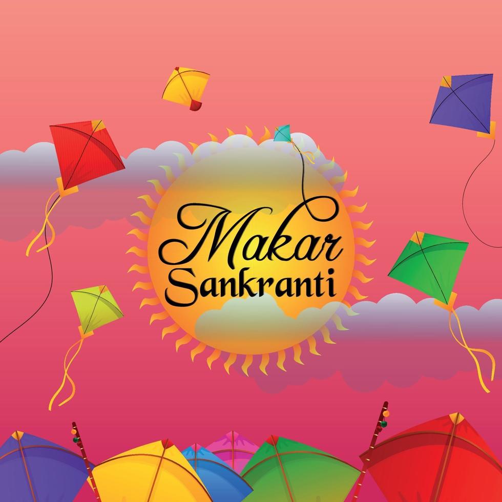 Happy Makar Sankranti cometas de colores con carrete de hilo vector