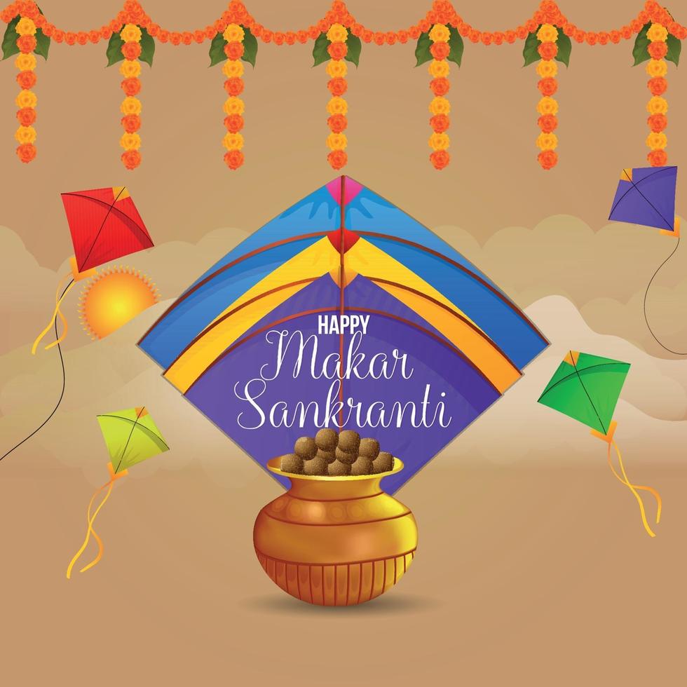 Makar sankranti colorful kites with string spool vector