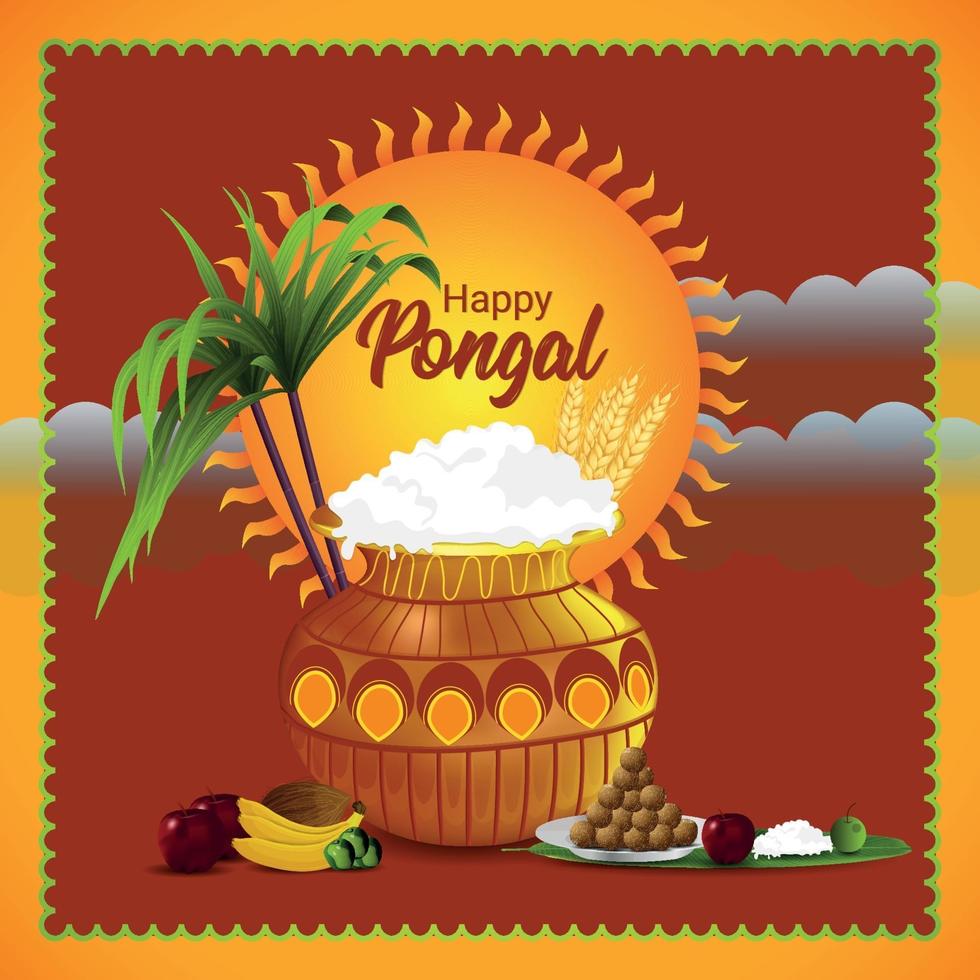 tarjeta de felicitación para la feliz celebración pongal con olla de barro y kalash vector