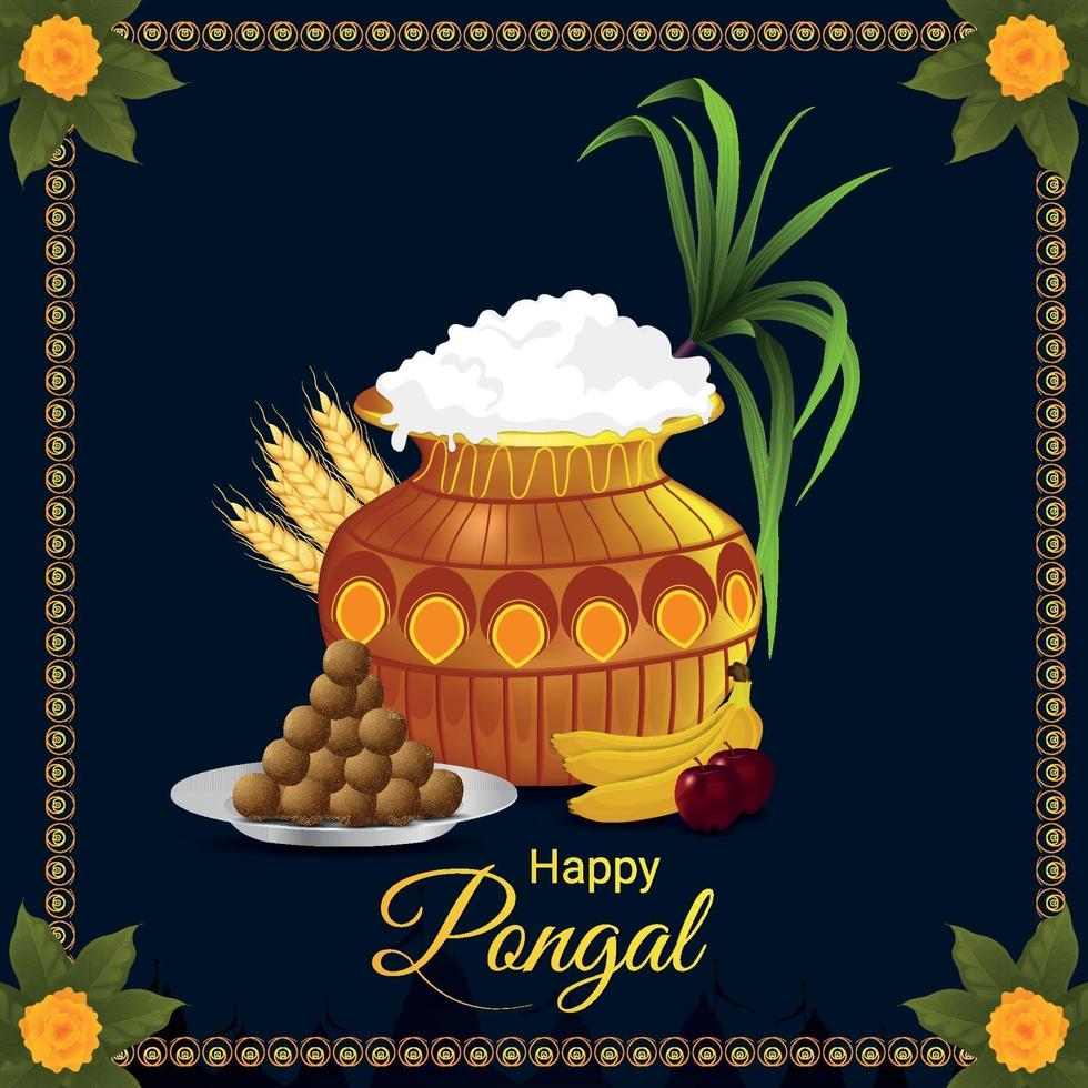 Happy pongal celebration greeting card with creative background vector