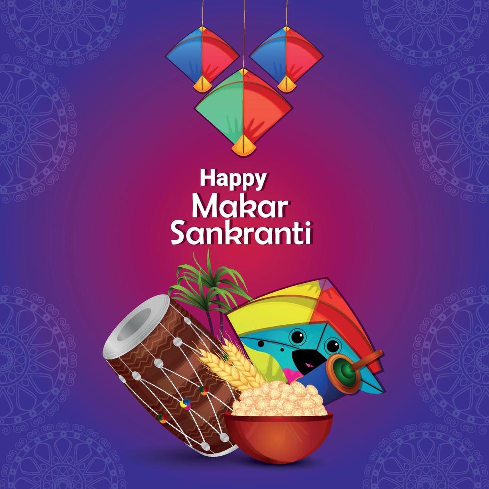 feliz makar sankranti banner o encabezado con laddoo y hermosas cometas vector