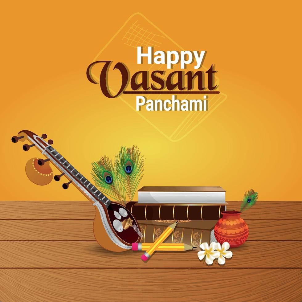 Vasant panchami greeting card with veena and books vector