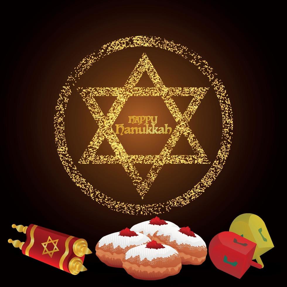 Happy hanukkah with sweet bread and gold candle vector