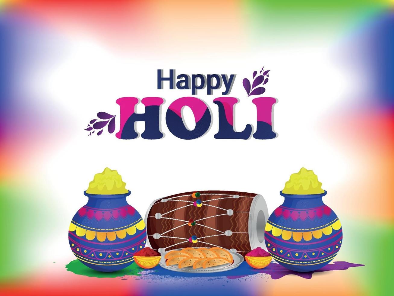 Happy holi with colorful mud pot and drum vector