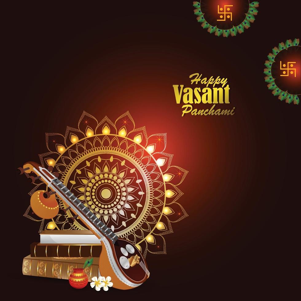 Vasant panchami creative background with  veena and books vector