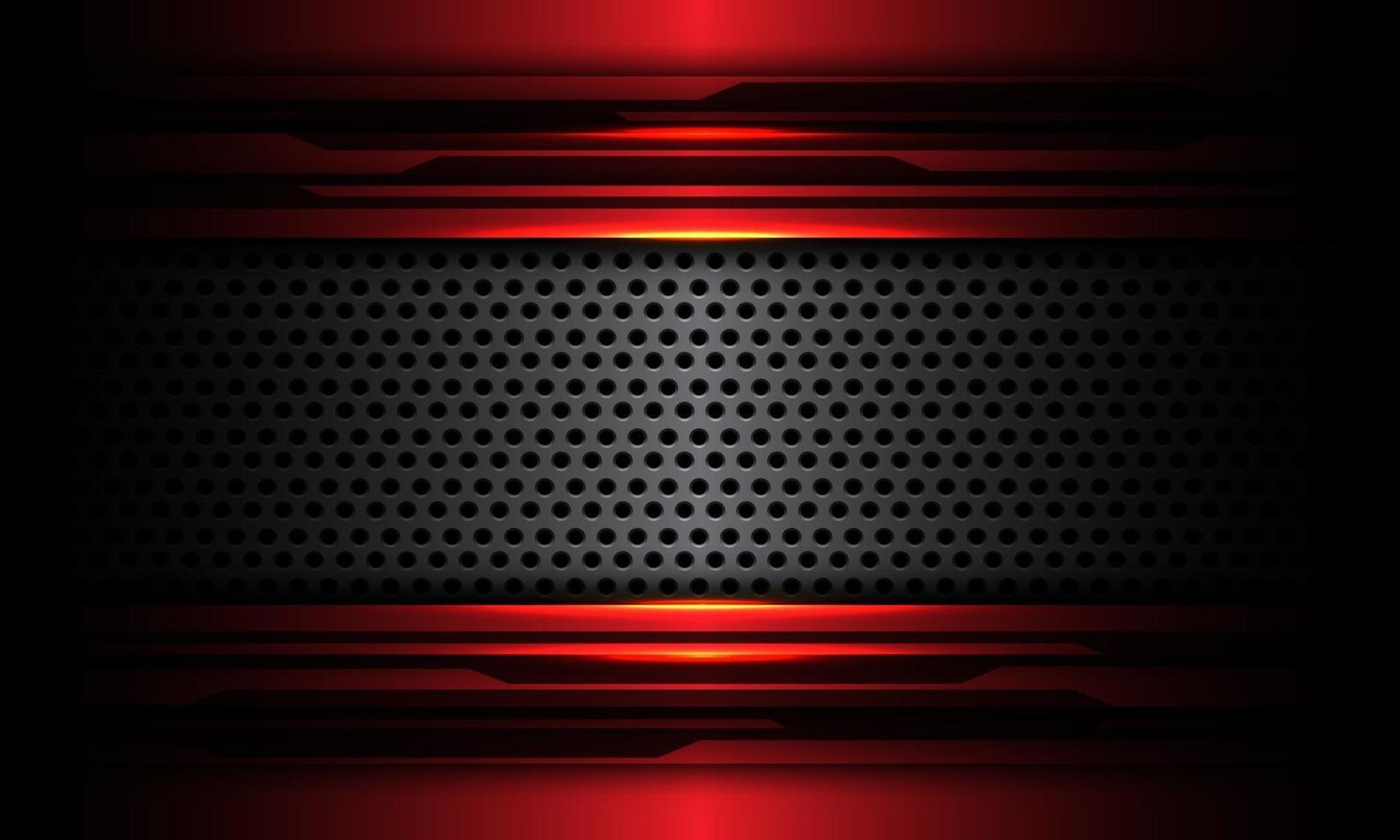 Abstract grey circle mesh metal banner overlap on red metallic black cyber circuit design modern futuristic technology background texture vector illustration.