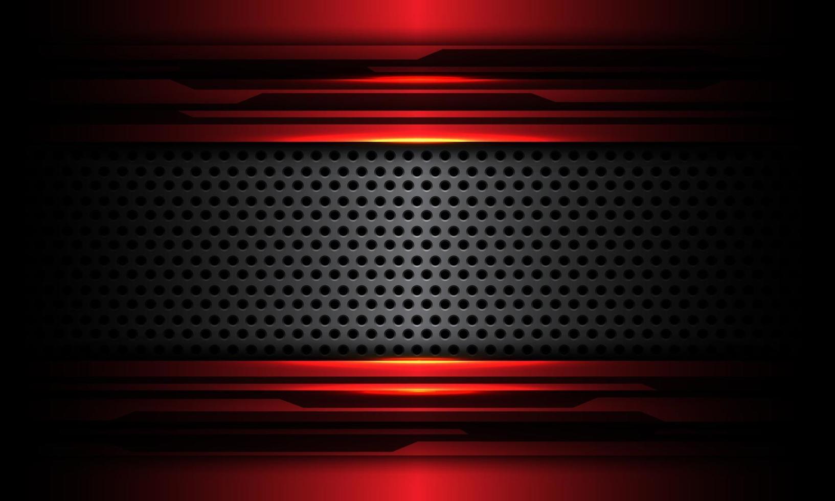 Abstract grey circle mesh metal banner overlap on red metallic black cyber circuit design modern futuristic technology background texture vector illustration.