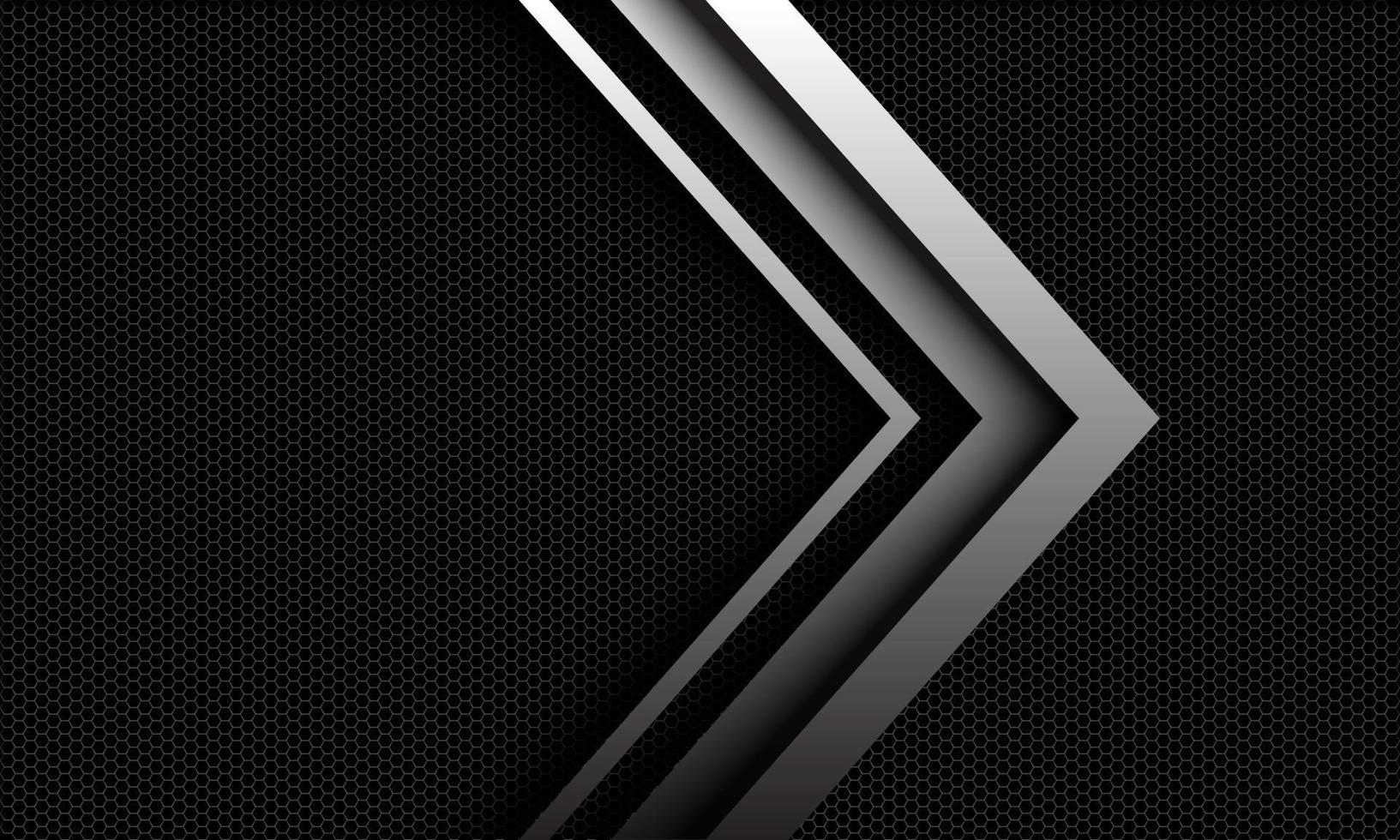 La dirección de la flecha de plata del vector abstracto se superpone en el patrón de malla hexagonal metálico oscuro con diseño de espacio en blanco ilustración de fondo de estilo futurista de lujo moderno.