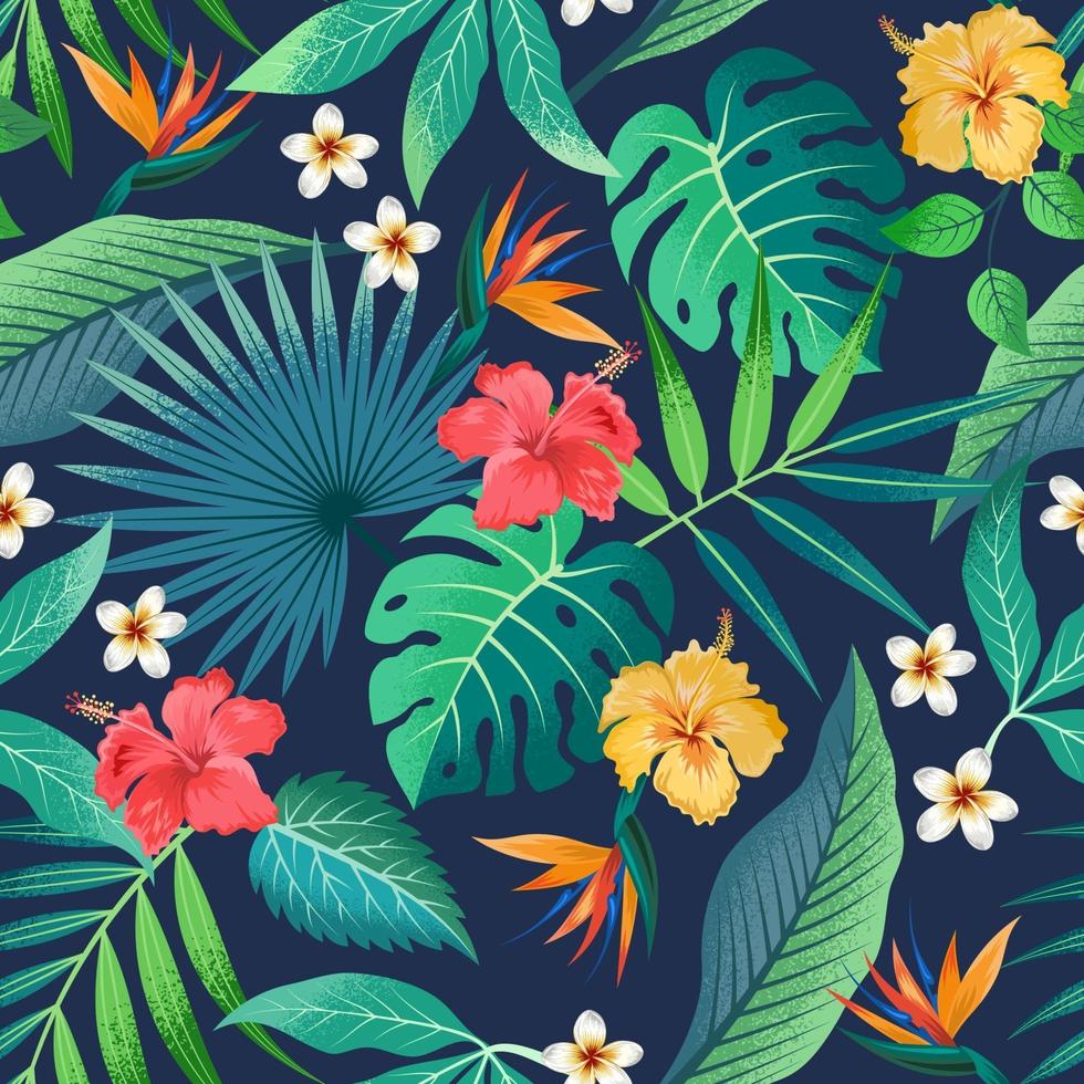 Seamless pattern with beautiful tropical flowers and leaves exotic background. vector