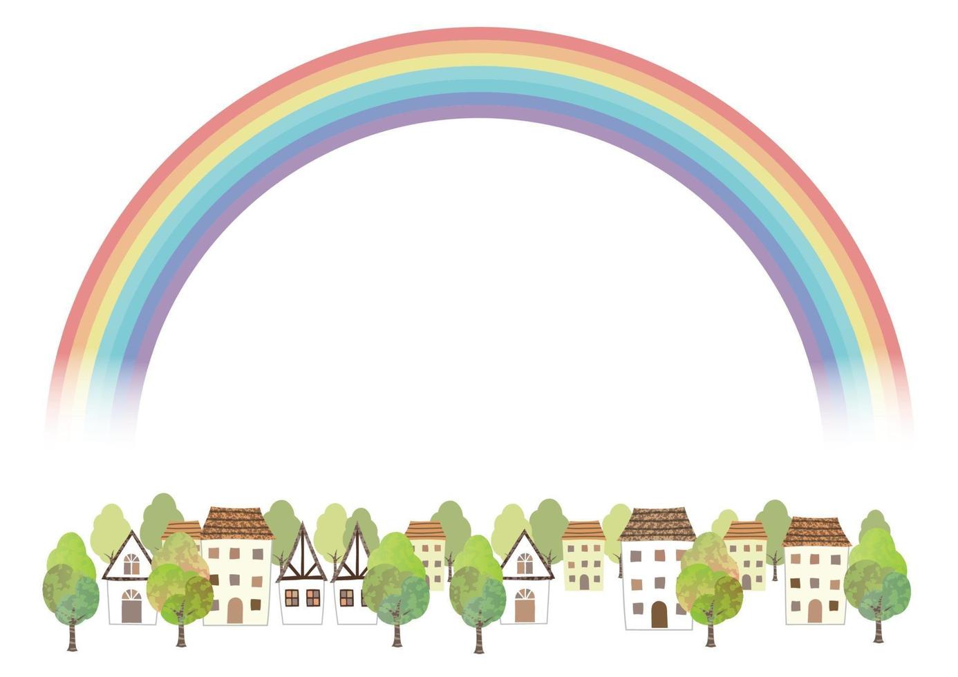 paisaje urbano idílico de acuarela con un arco iris aislado sobre un fondo blanco. ilustración vectorial con espacio de texto. vector