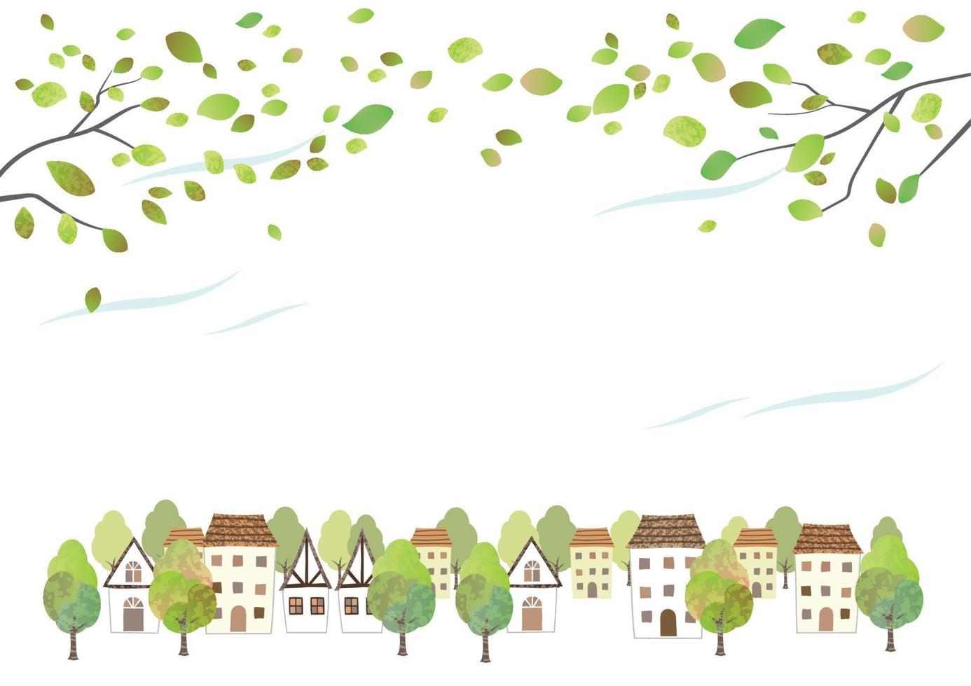 Idyllic Watercolor Townscape With Young Leaves Isolated On A White Background. Vector Illustration With Text Space.