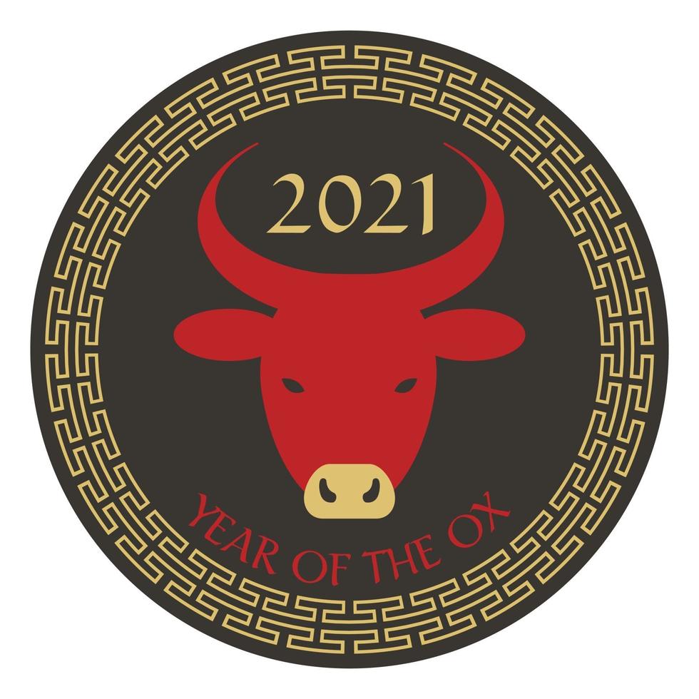 red black tan 2021 year of the ox chinese new year graphic with fretwork circle border vector