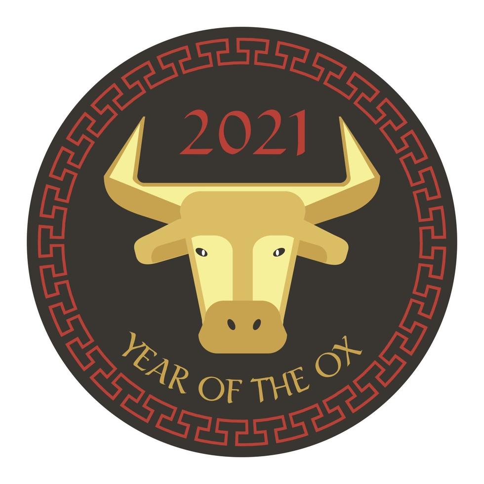 red black tan 2021 year of the ox chinese new year circle graphic with fretwork border vector