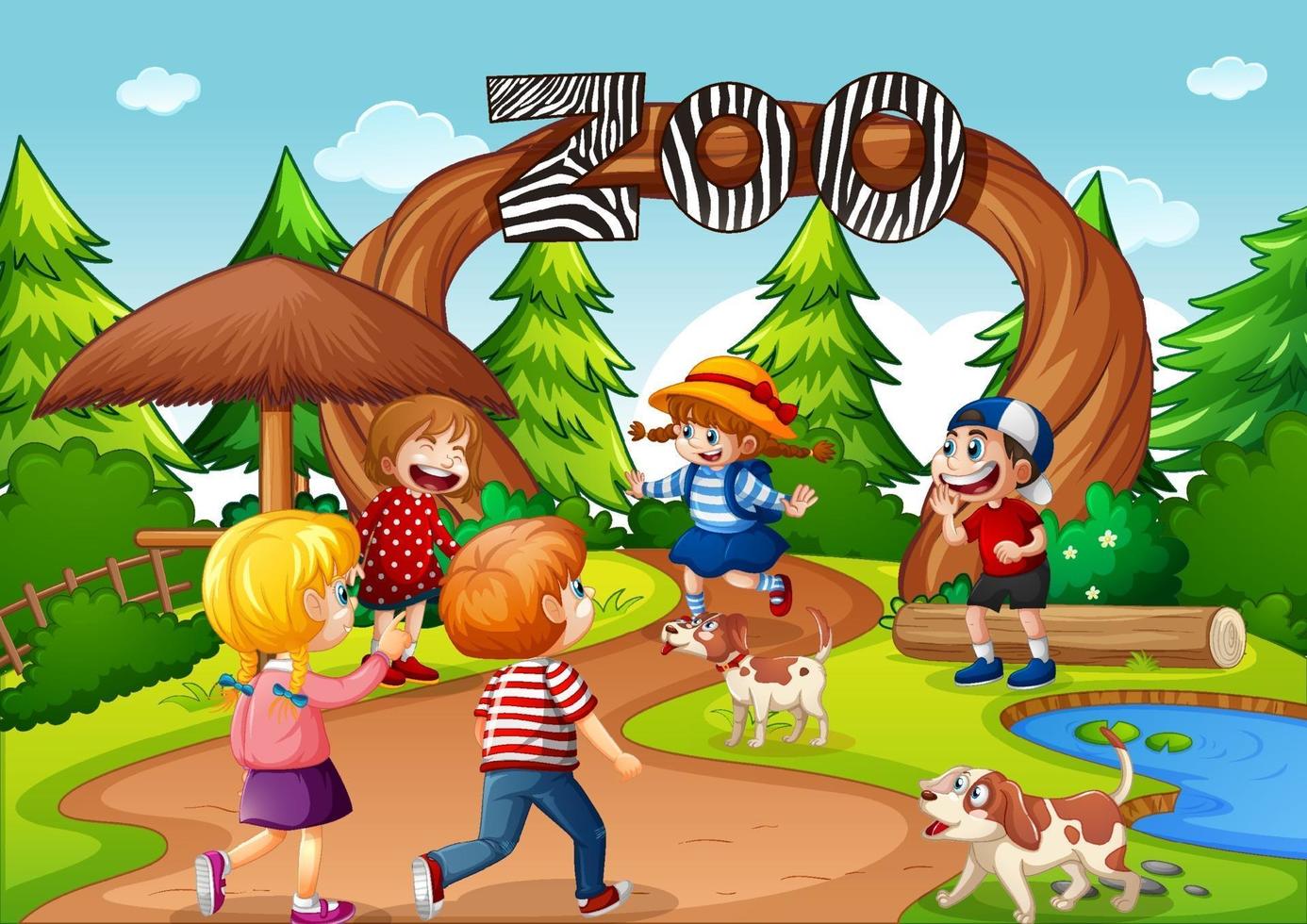 Zoo entrance gate scene with many kids vector