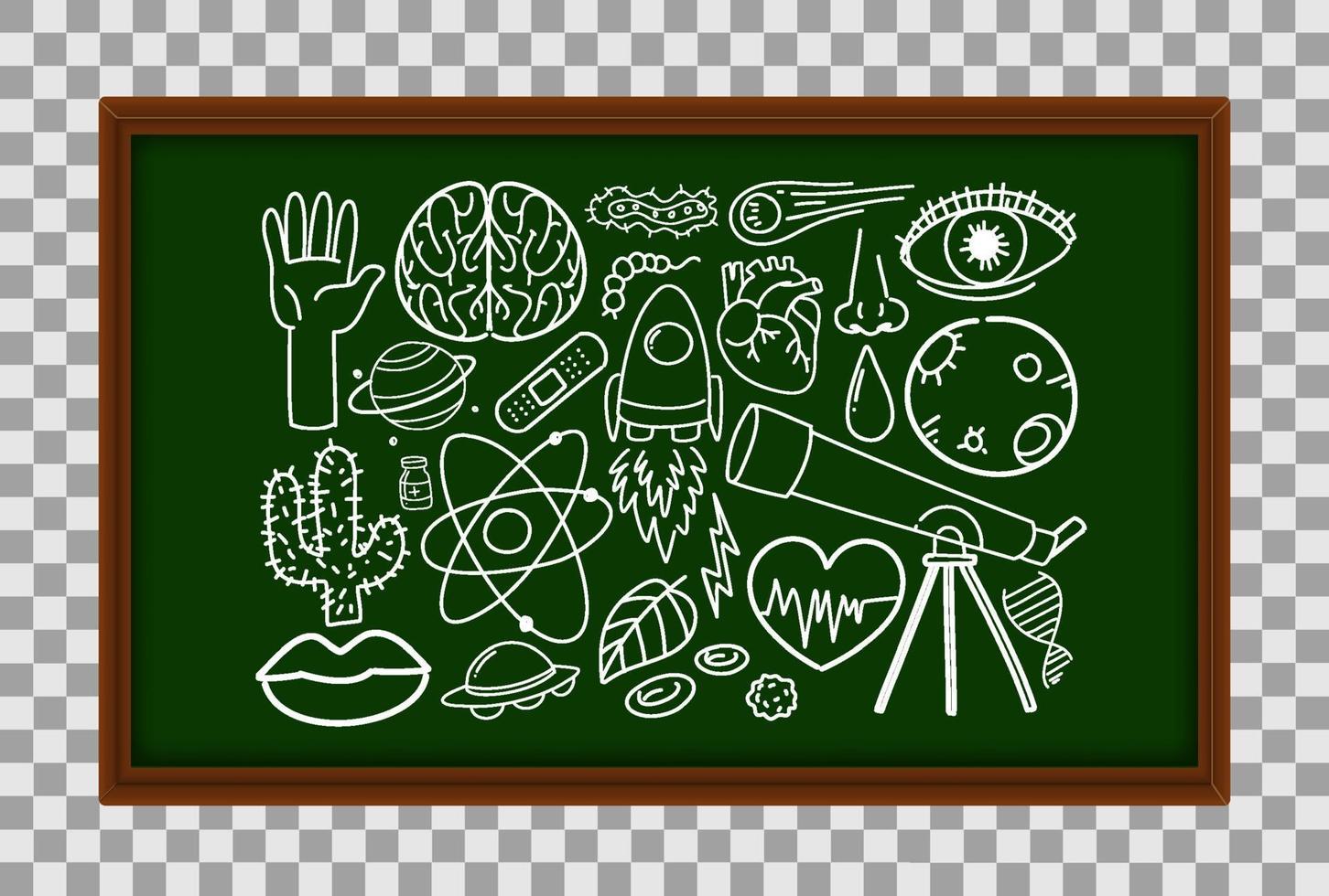 Different doodle strokes about science equipment on chalk board vector