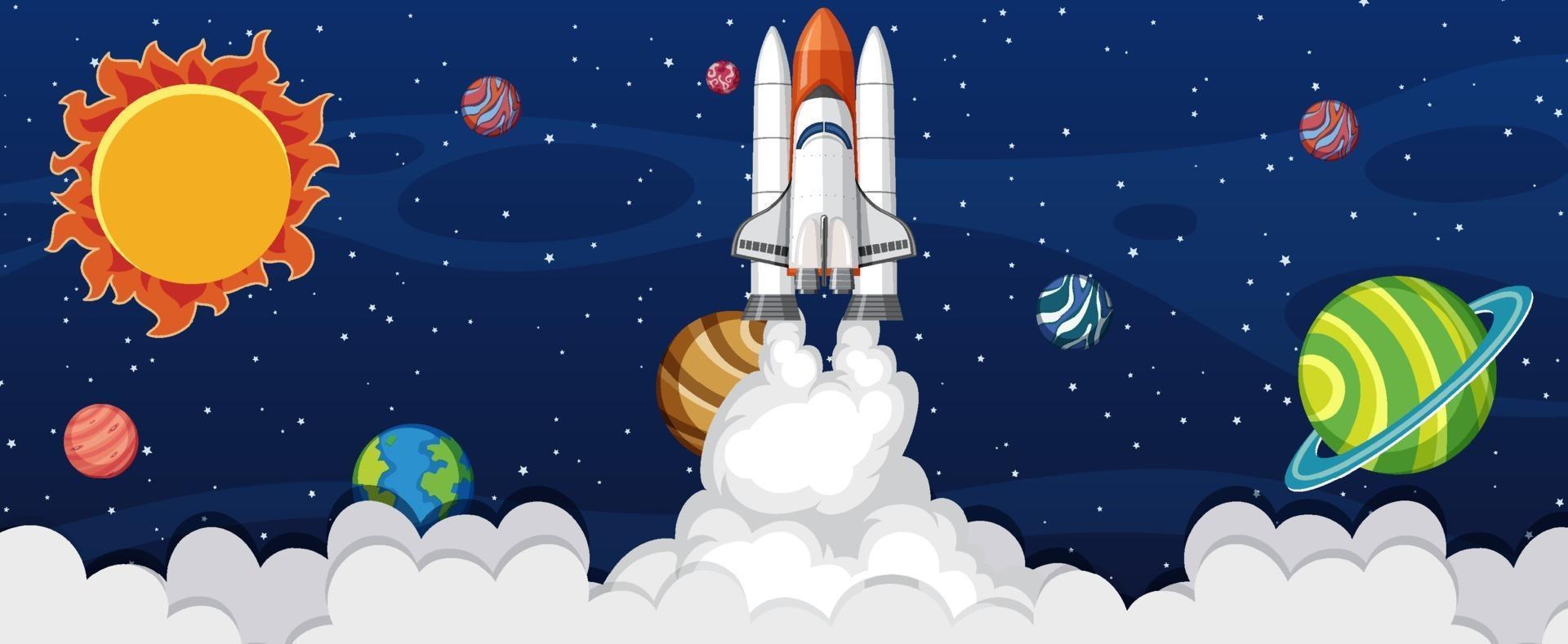 A rocket ship launching in the galaxy scene vector
