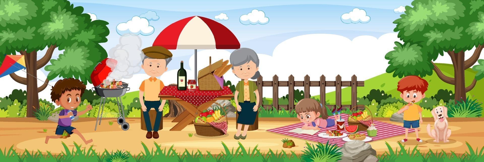 Picnic outdoor scene with happy family vector