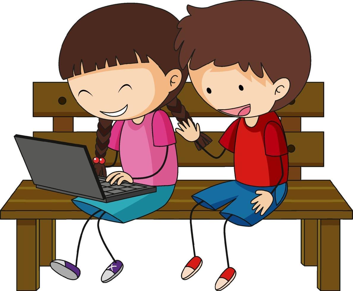 un doodle niños usando laptop personaje de dibujos animados aislado vector