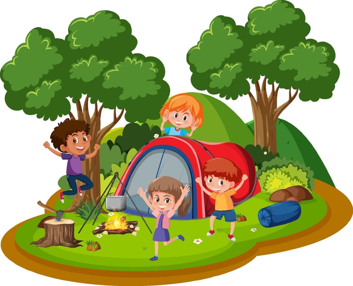 niños felices acampando en el bosque vector