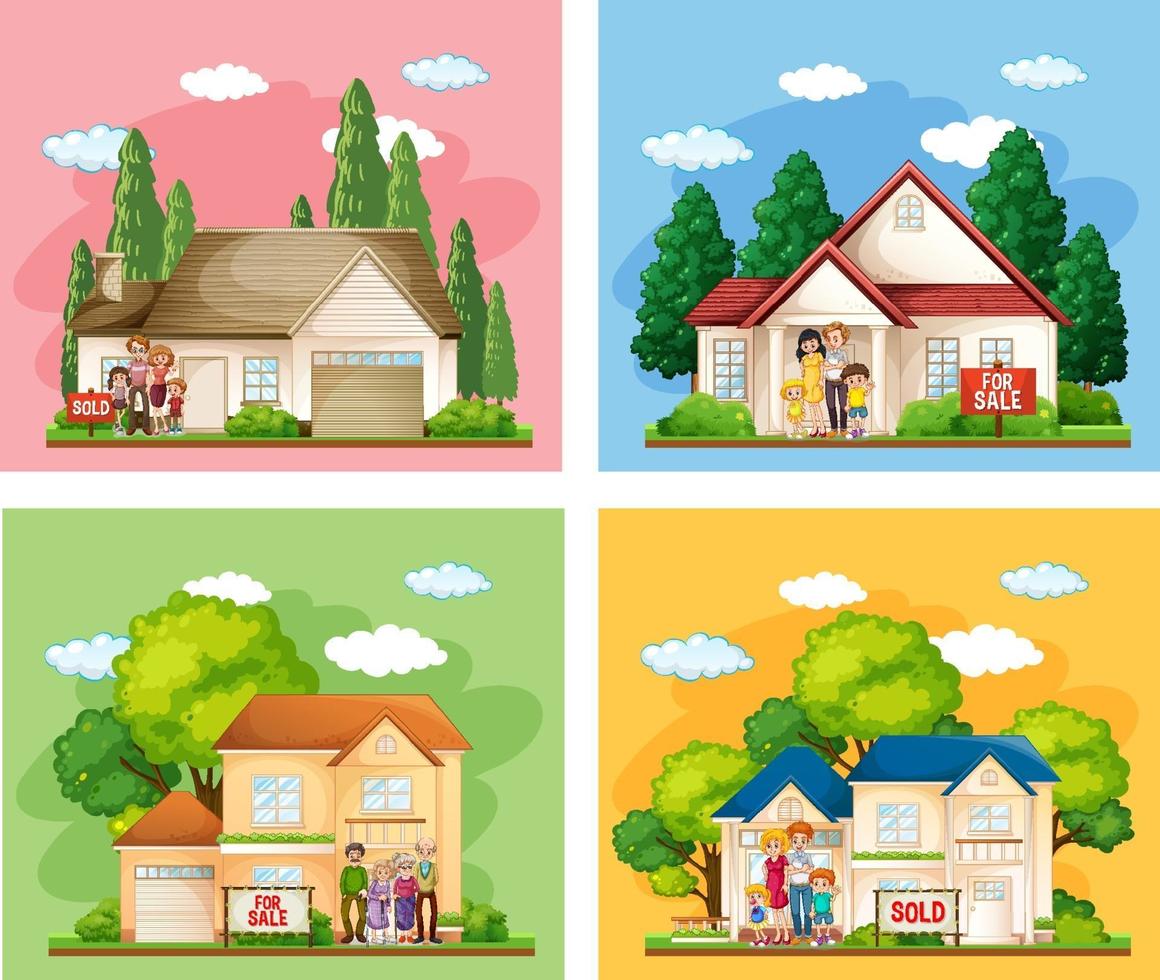 Different scenes of family standing in front of a house for sale vector