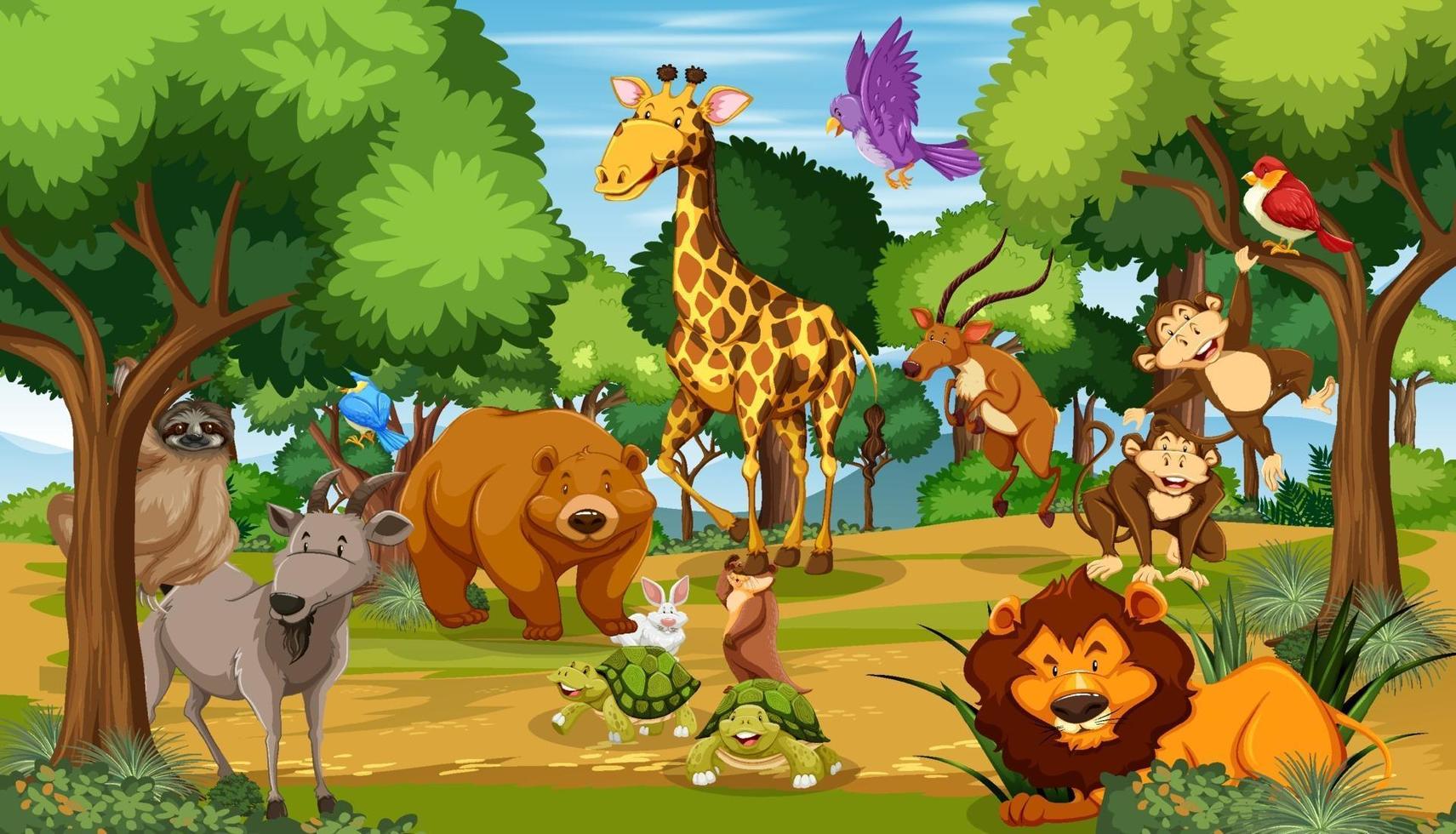 Many different animals in the forest scene vector