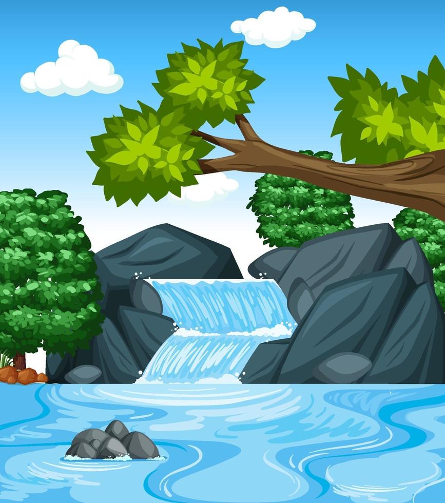 escena de fondo del bosque con cascada vector