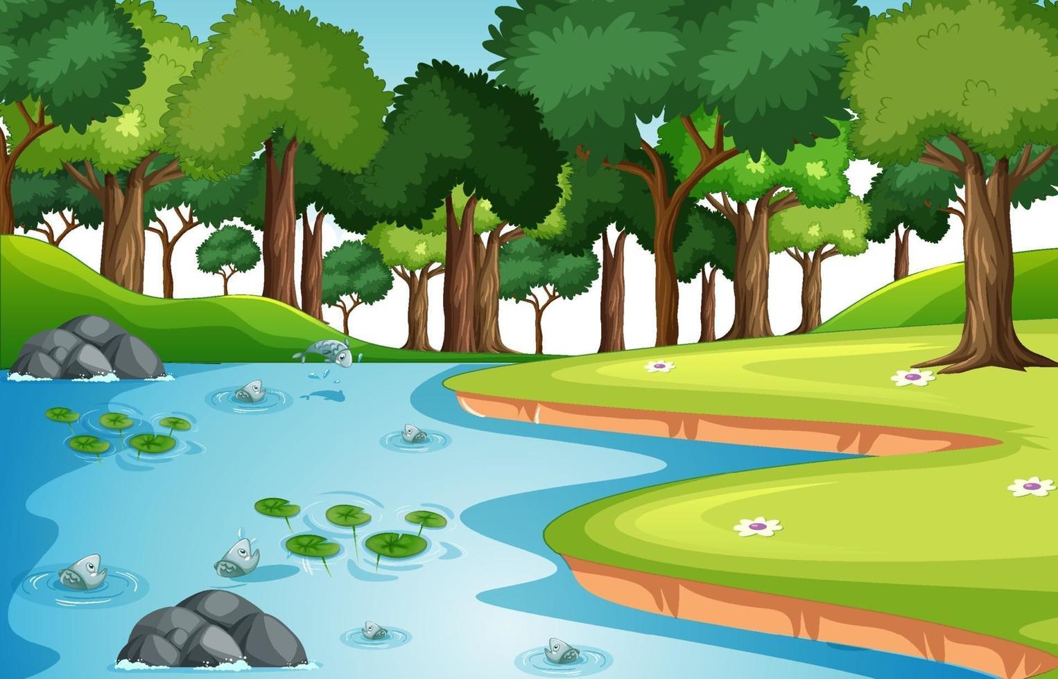 Nature forest landscape scene with many fishes in the stream vector