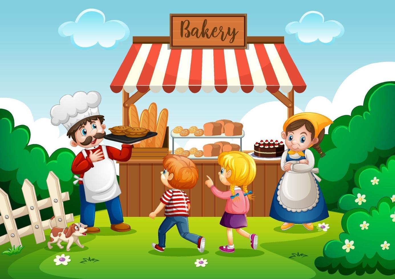 Front of bakery shop with baker in the park scene vector