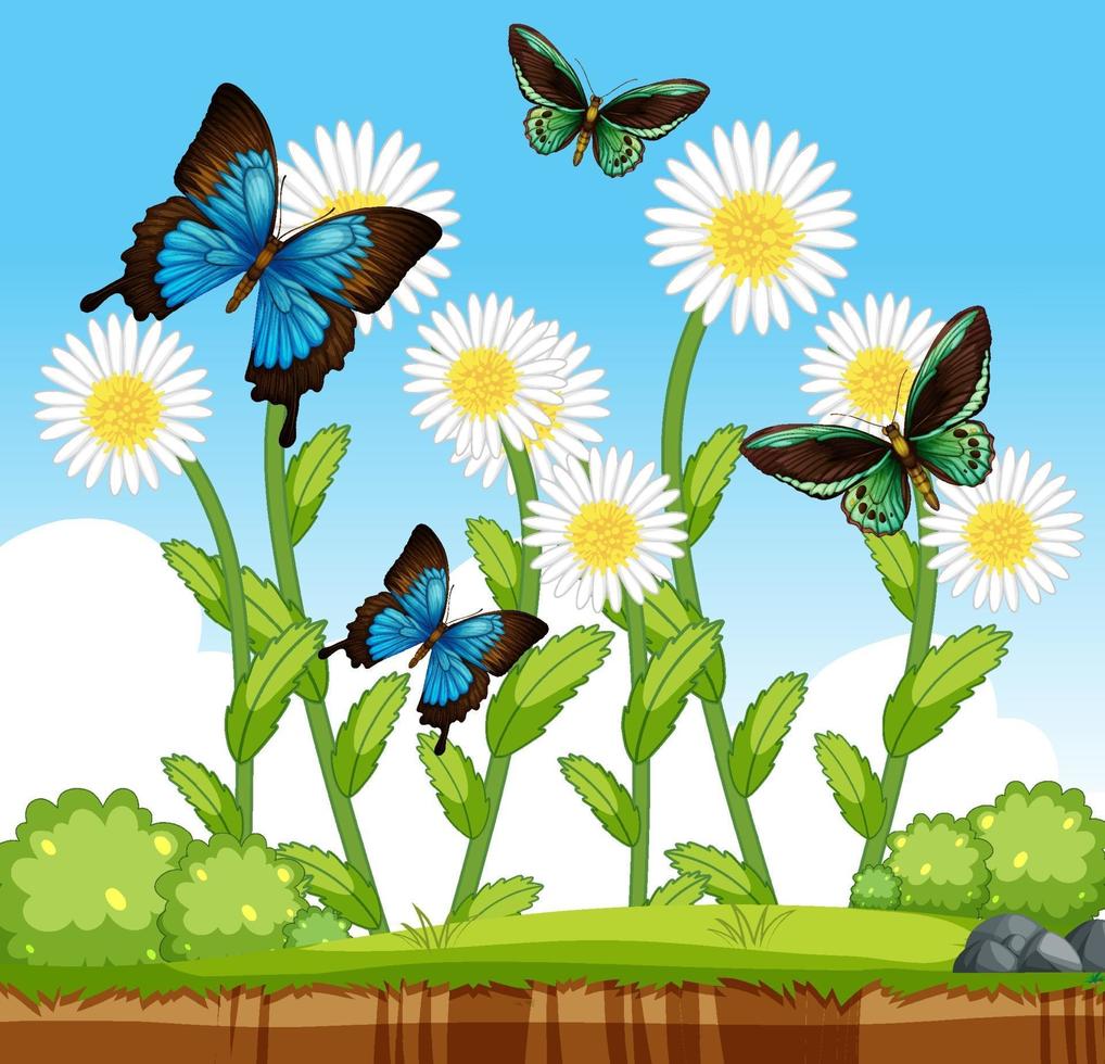 muchas mariposas con muchas flores en la escena del jardín vector