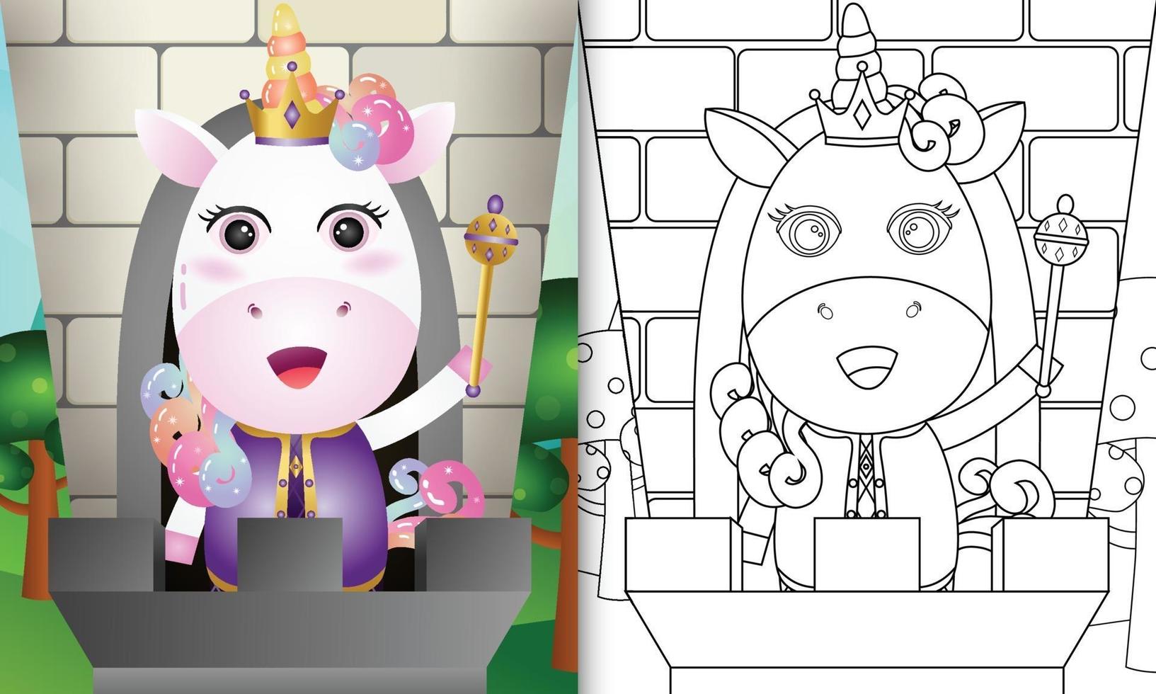 Plantilla de libro para colorear para niños con una linda ilustración de personaje rey unicornio vector