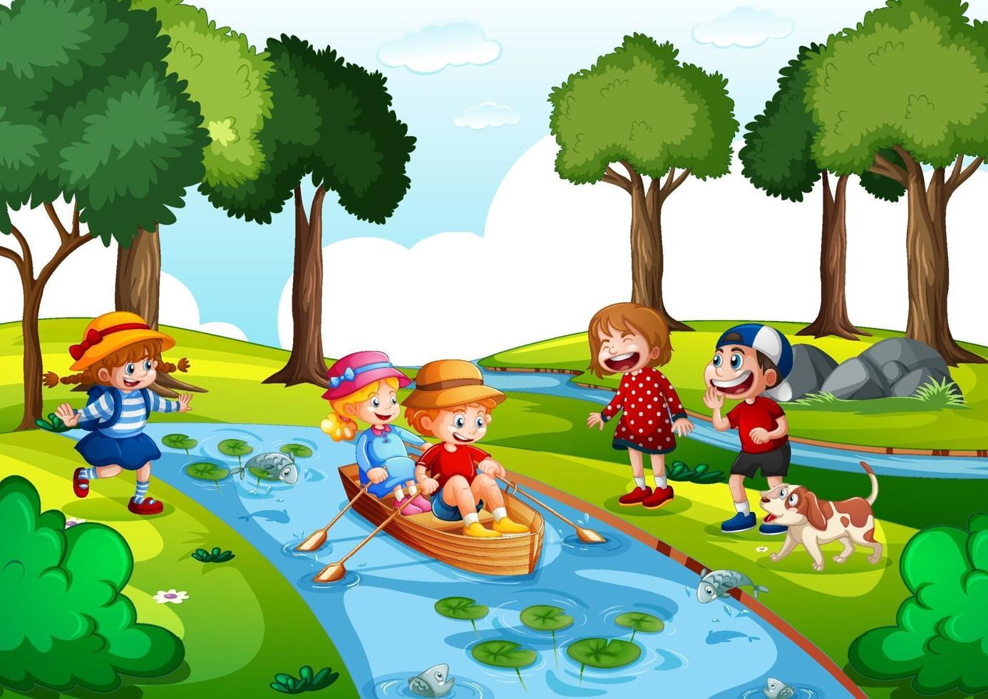 Two kids row the boat at water fall with their friends on white background vector