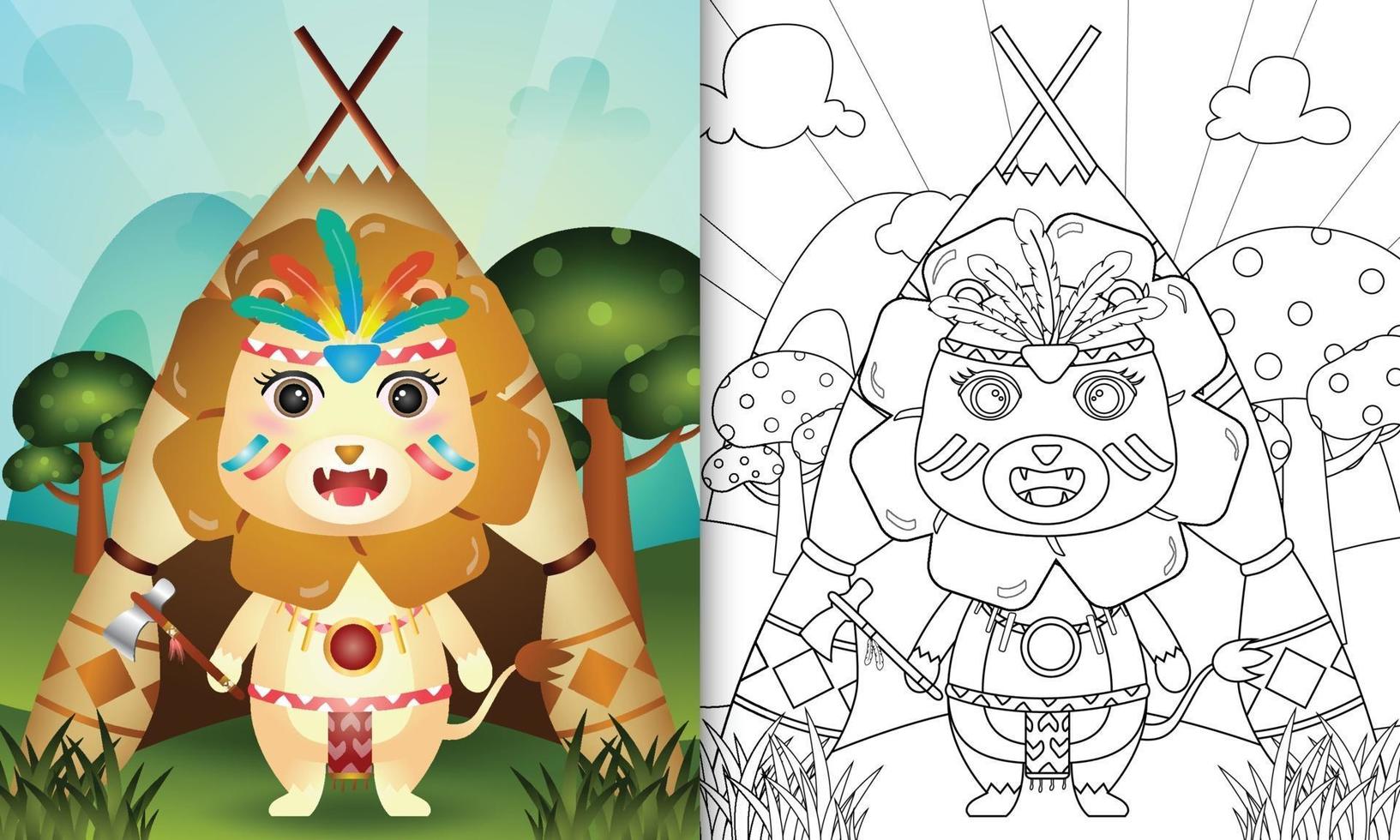 Plantilla de libro para colorear para niños con una linda ilustración de personaje de león boho tribal vector