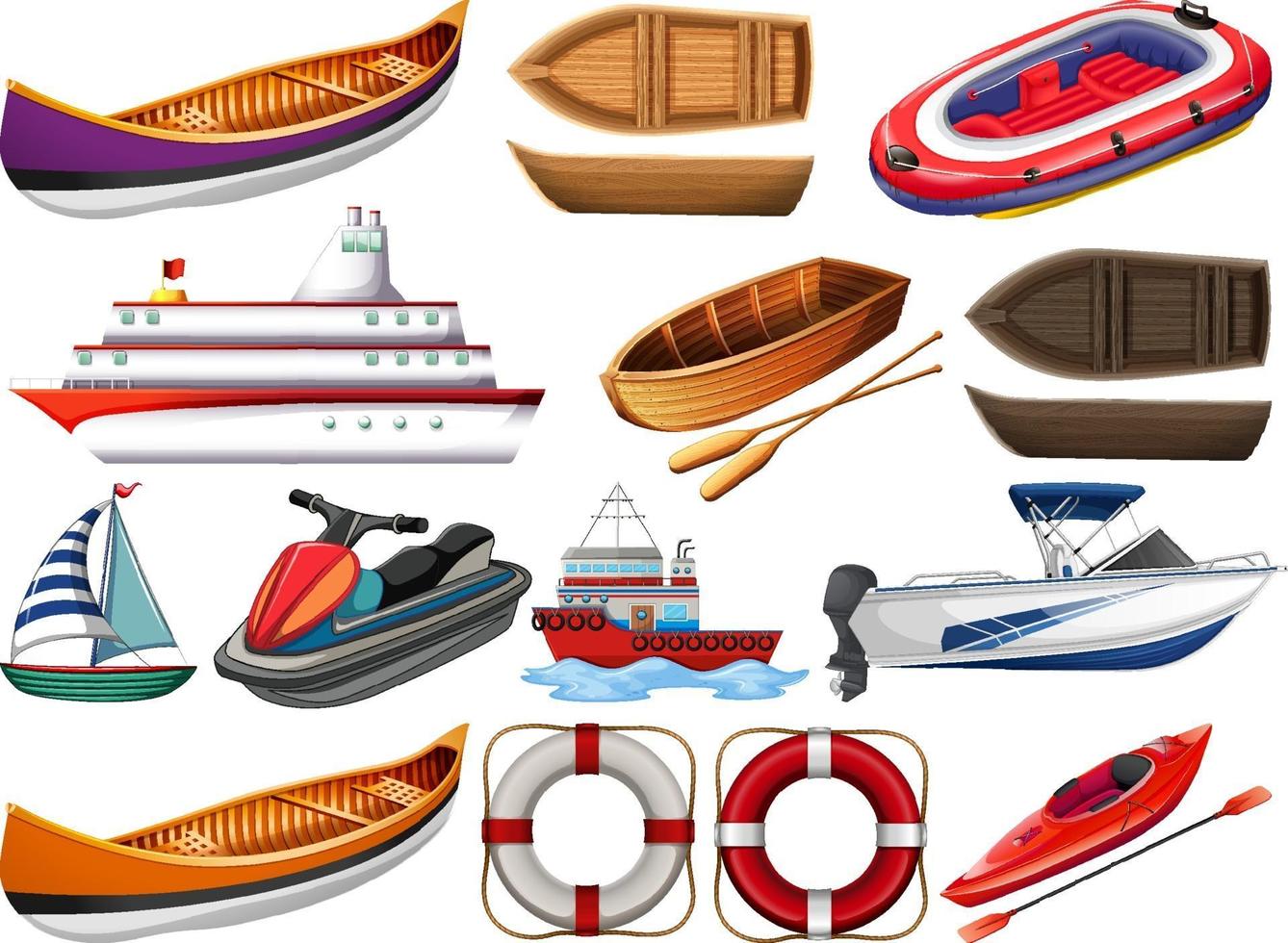 Conjunto de diferentes tipos de barcos y barcos aislado sobre fondo blanco. vector