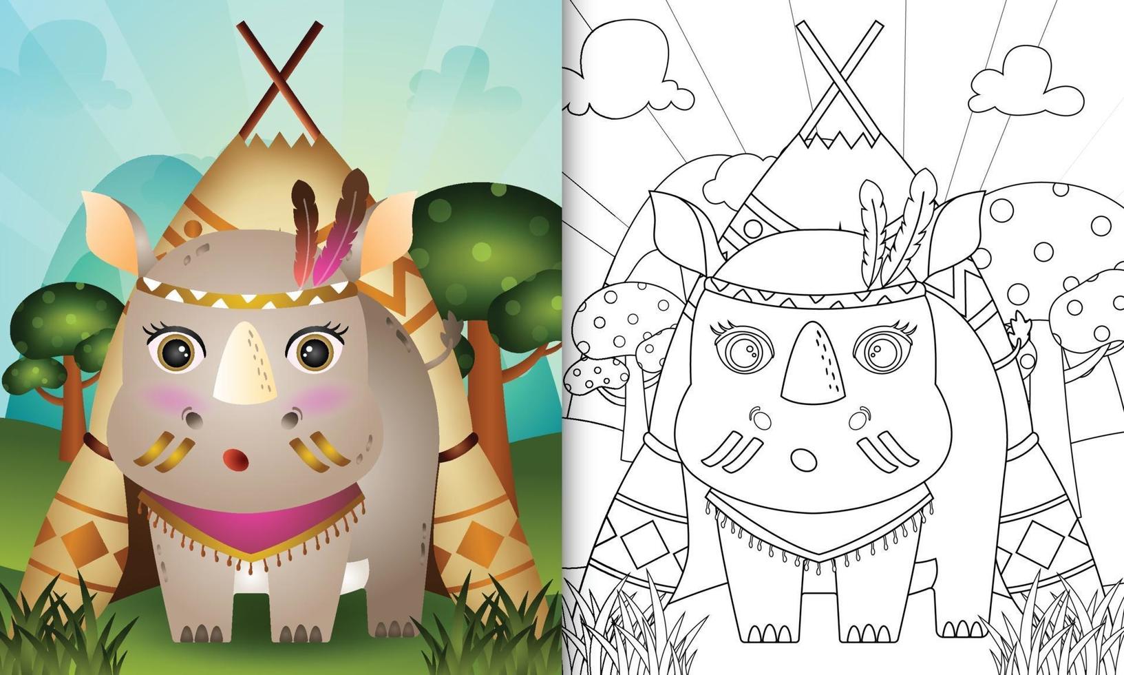 Plantilla de libro para colorear para niños con una linda ilustración de personaje de rinoceronte boho tribal vector