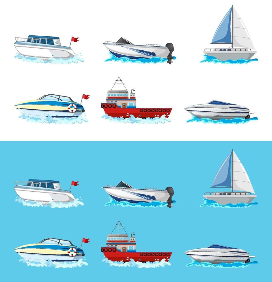 Conjunto de diferentes tipos de barcos y barcos aislado sobre fondo blanco. vector